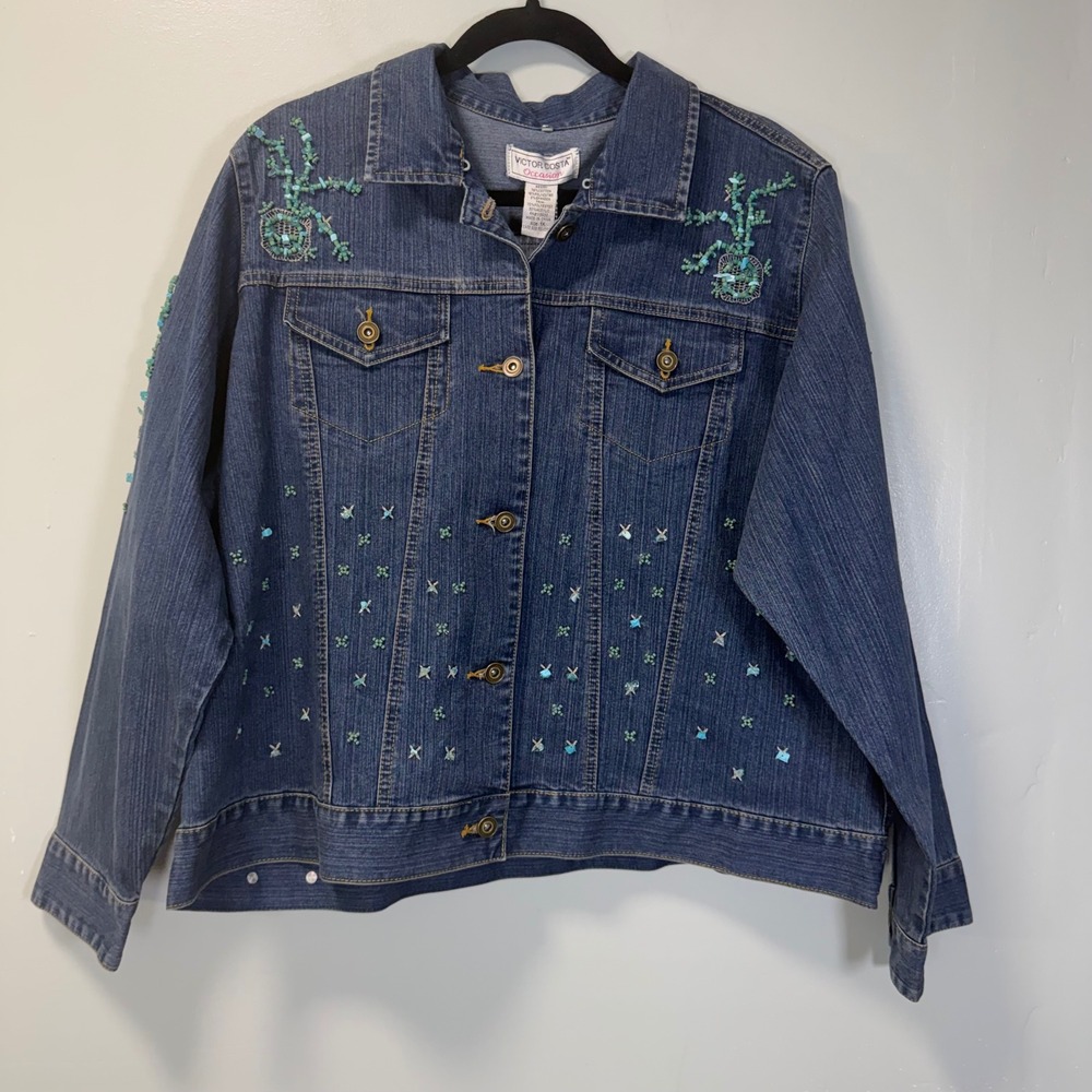 Victor Costa Occasion Beaded Denim Jacket Blue Turquoise Faux Fur Collar 1X NWT